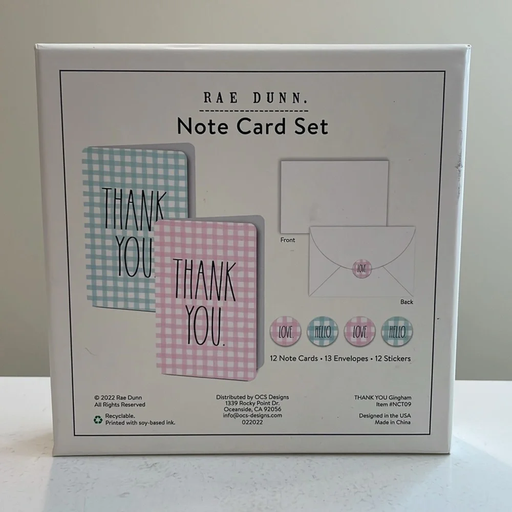 New Rae Dunn Blue & Pink Gingham THANK YOU Cards